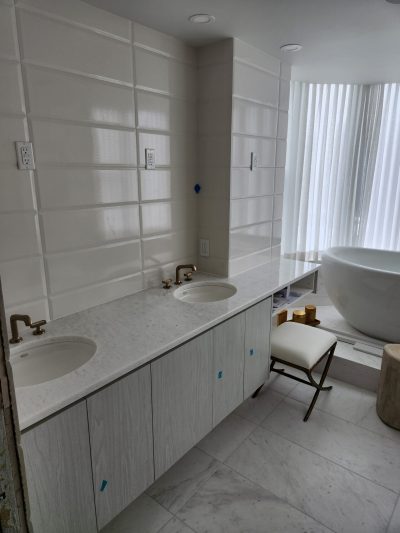 Mater bathroom tiles and countertop
